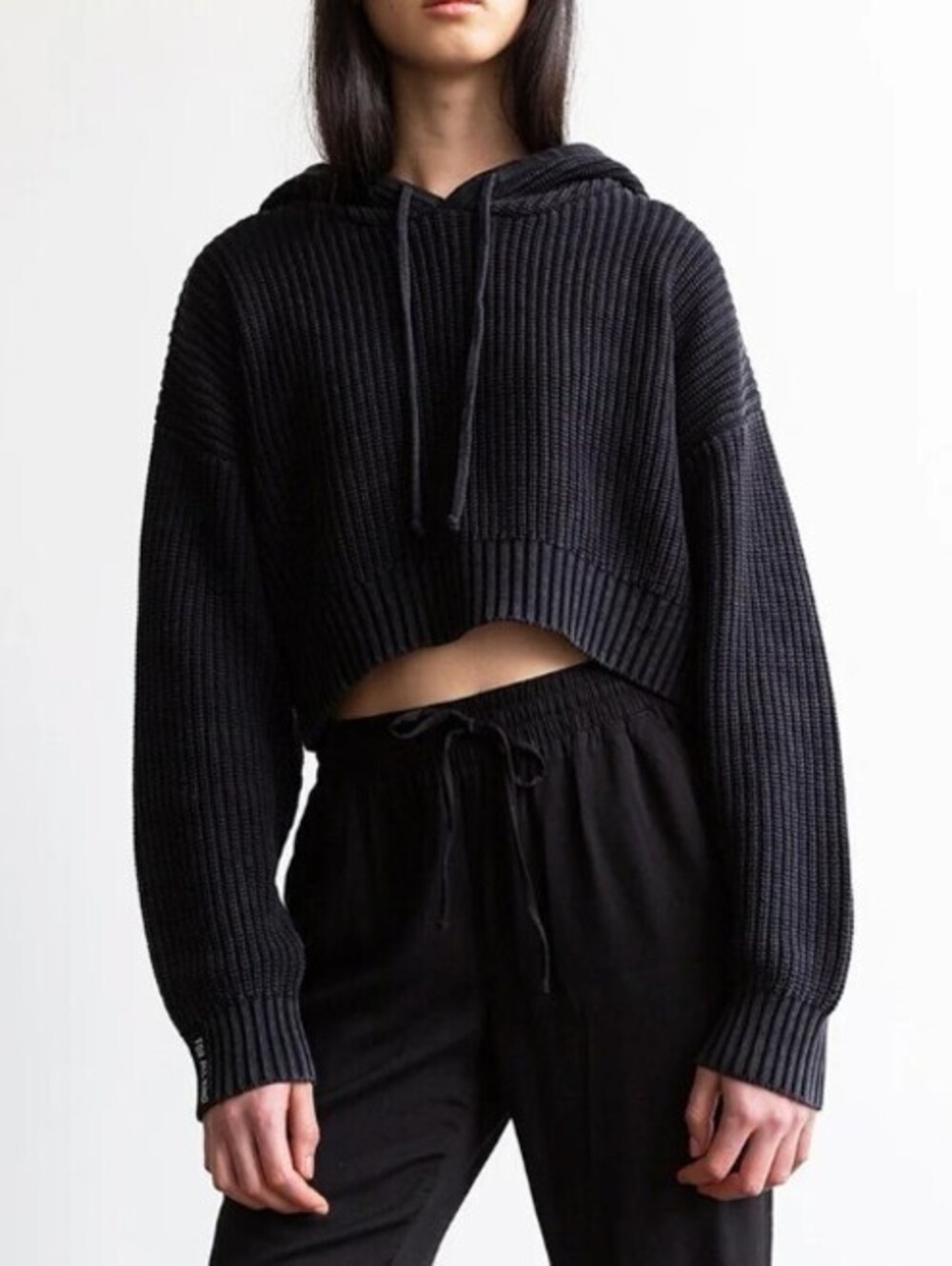For All Kind Black Ribbed Cropped Stonewashed Hoodie - Size - Medium/Large